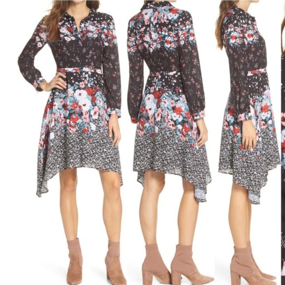 Julia Jordan Floral Button Front Fit And Flare Long Sleeve Sharkbite Hem Midi 6 - Picture 6 of 14